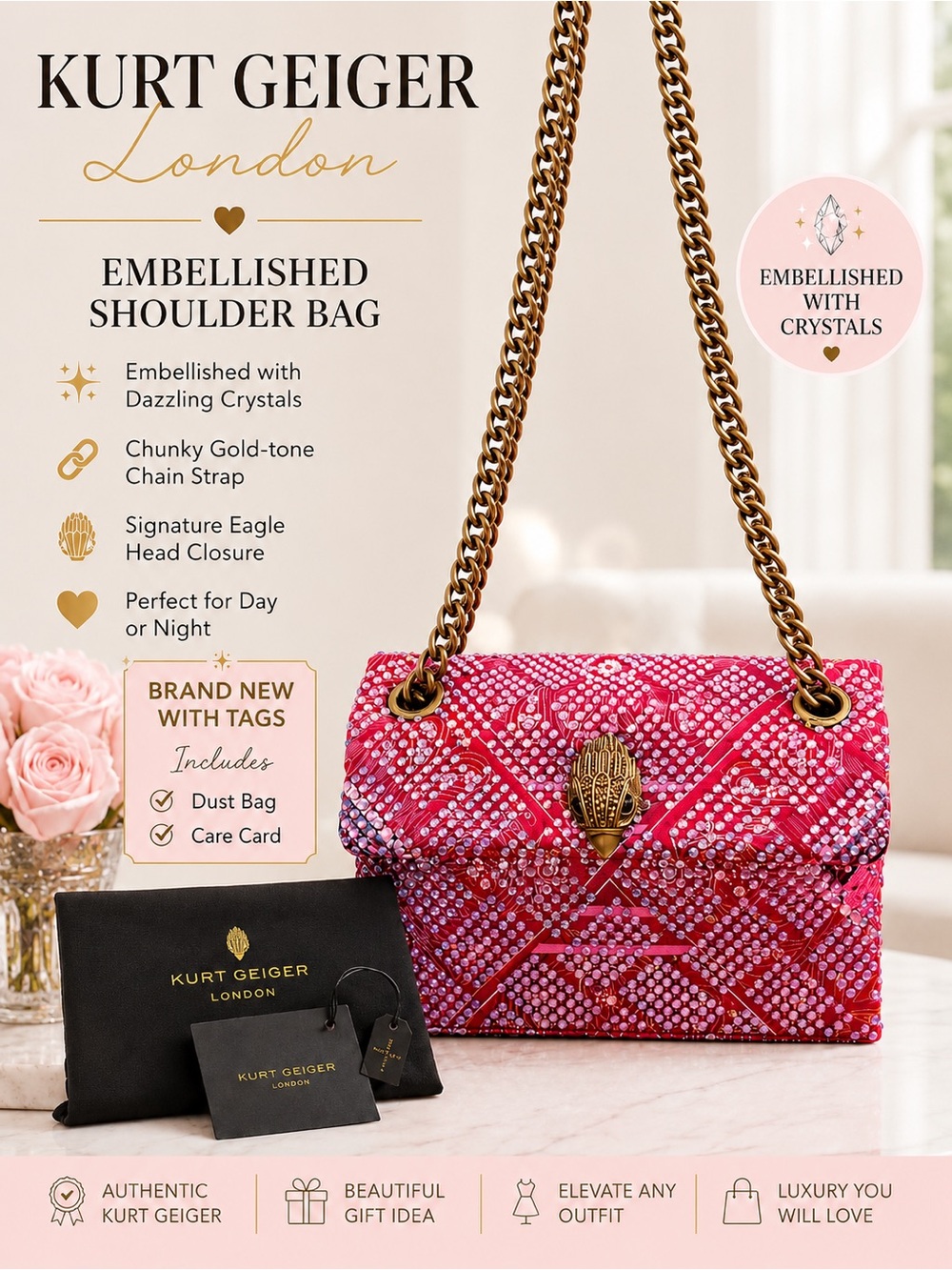 Kurt Geiger London Brixton Crystal Embellished Bandana Shoulder Bag + Dusty NWT